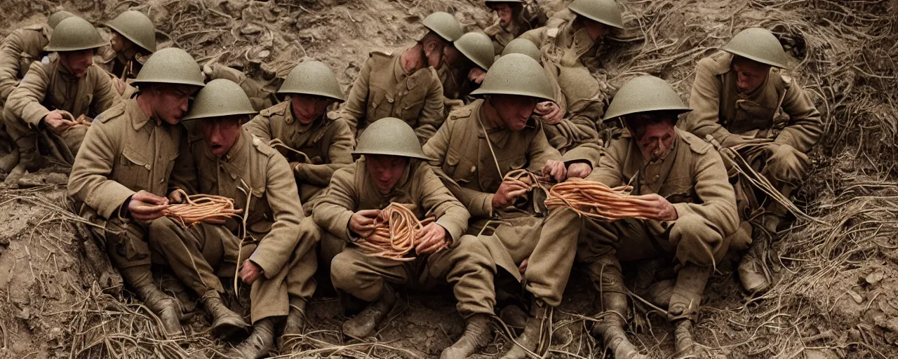 Image similar to soldiers eating spaghetti in the trenches, world war one, canon 5 0 mm, high detail, intricate, cinematic lighting, photography, wes anderson, film, kodachrome