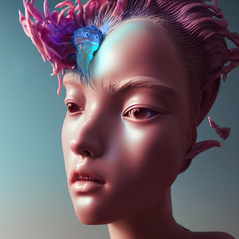 Image similar to goddess full painted acryllic sculpture close-up portrait. orchid bird phoenix jellyfish betta fish, intricate artwork by Tooth Wu and wlop and beeple. octane render, trending on artstation, greg rutkowski very coherent symmetrical artwork. cinematic, hyper realism, high detail, octane render, 8k