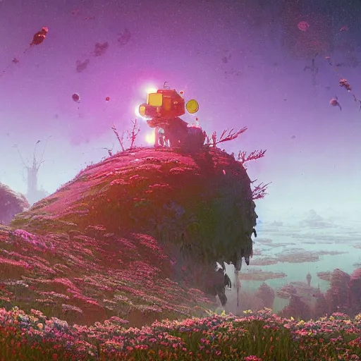 Prompt: a fantastic hyperdetailed 3 d matte painting of a giant robot partially covered in overgrowing wildflowers on an alien planet under arctic moonlight by moebius by beeple by by jakub rozalski by paul lehr by dan mumford