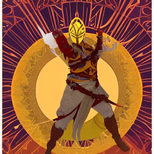 Image similar to an ultra detailed vector image of solaire of astora dressed as the prince of persia, concept art by alphonse mucha and greg rutkowski, bright red desert sands, bright yellow and red sun, octane render, praise the sun