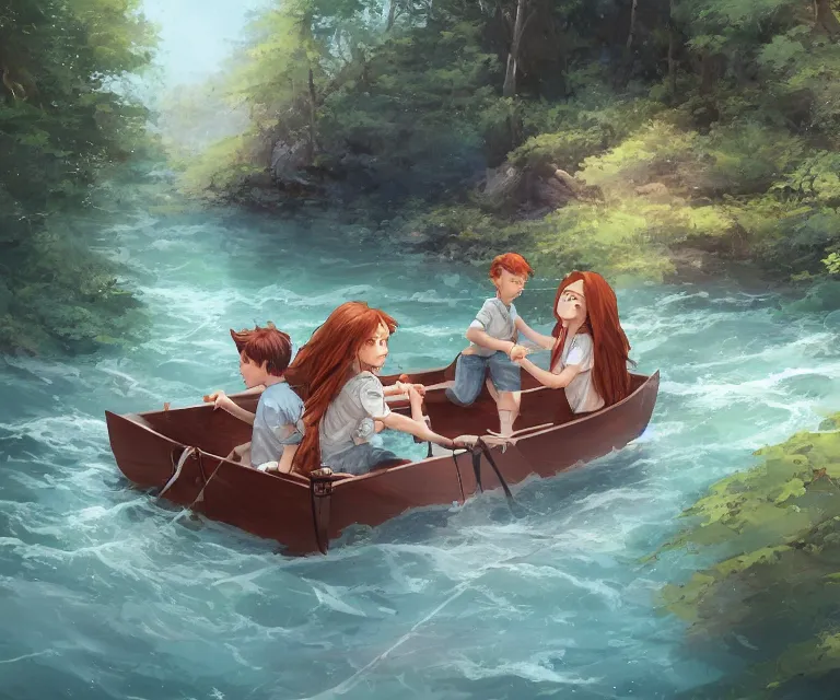 Prompt: one girl with long, flowing auburn hair, and one boy with short brown hair sitting together in one single small wooden paddle boat sailing down a narrow river in a forest, rocky shore, trees, shady, blue waters, ripples, waves, reflections, details, sharp focus, illustration, by Jordan Grimmer and greg rutkowski, Trending artstation, pixiv, digital art