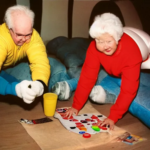 Image similar to a couple of grandparents wearing michelin man costume and playing twister, 3 5 mm flash on photography taken by martin parr