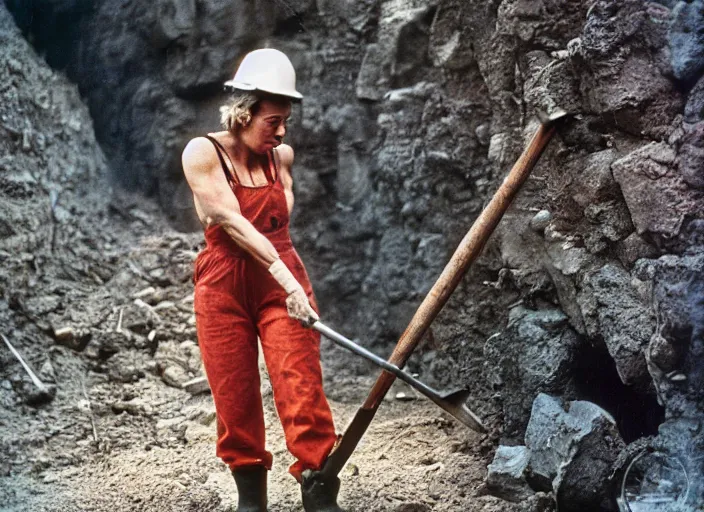 Prompt: 90's professional color photograph, A very muscular miner woman wielding a pickaxe in the mine.