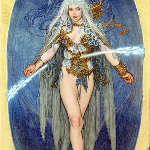 Image similar to half - length portrait of a female lightning genasi with blue skin and white hair made of sirrus clouds, full white robes, medieval, fantasy, d & d, luis royo, klimt, alphonse mucha