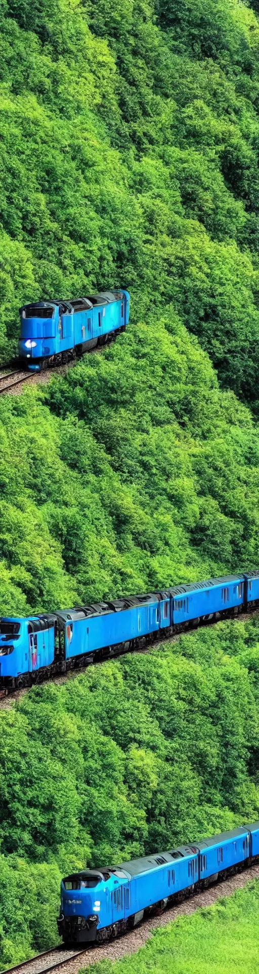 Prompt: blue and green train in the country,