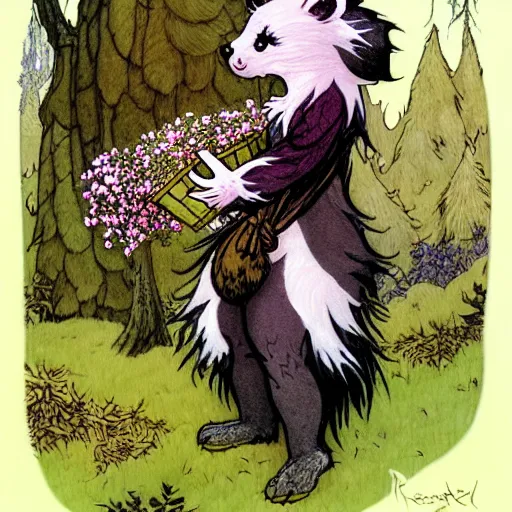 Image similar to A cute plush-furred skunk-girl Herbalist collecting flowers in the forest. Absurdly-detailed fantasy character illustration by Rebecca Guay and Wayne Reynolds