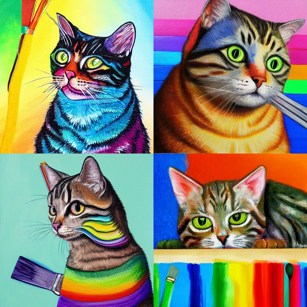 Prompt: detailed painting of rainbow colored tabby cat holding a paintbrush and palette