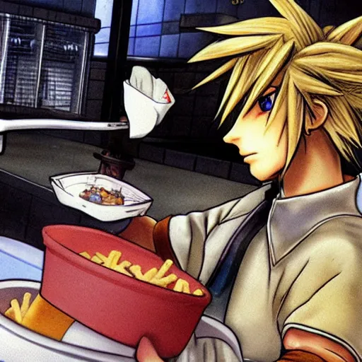 Prompt: cloud strife washing dishes at mcdonald's fast food restaurant in the style of yoshitaka amano