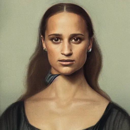 Prompt: portrait of Alicia Vikander wearing grey 1850 dress, in the style of the Hudson River School