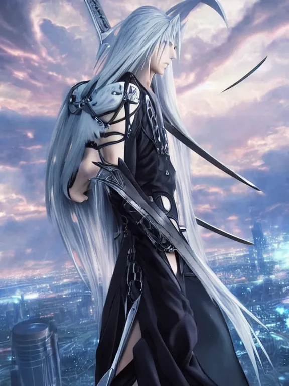 Image similar to anime key visual of sephiroth from final fantasy!! intricate, futuristic city, stunning, highly detailed, digital painting, artstation, smooth, hard focus, illustration, art by artgerm and greg rutkowski and alphonse mucha