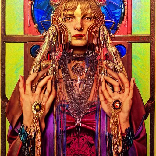 Image similar to renaissance portrait of an iridescent art deco machine priestess, reflective detailed textures, highly detailed fantasy science fiction painting by moebius, norman rockwell and william holman hunt. modern industrial shaman, rich colors, high contrast. artstation