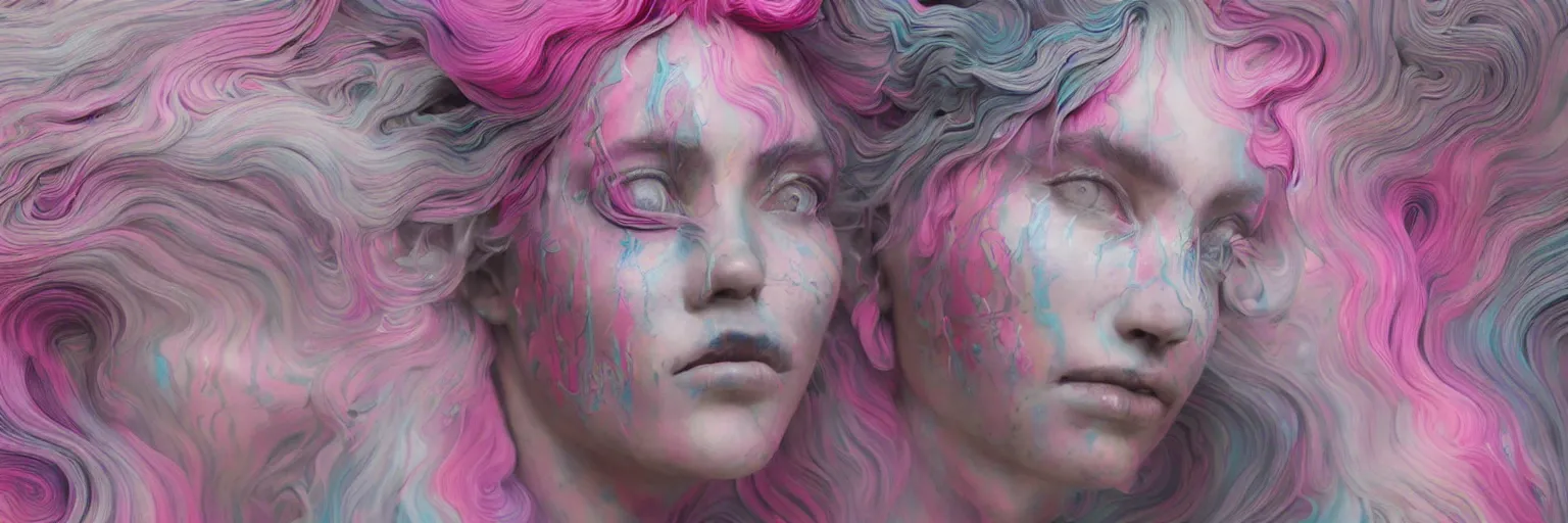 Image similar to A portrait of a very beautiful goddess with pink and grey hair radiating an artwork made of multicolored swirling paint by James Jean and Ross Tran and WLOP , volumetric displacement by Lee Griggs, hyperrealism, subsurface scattering, octane render, bokeh, 8k, xparticles