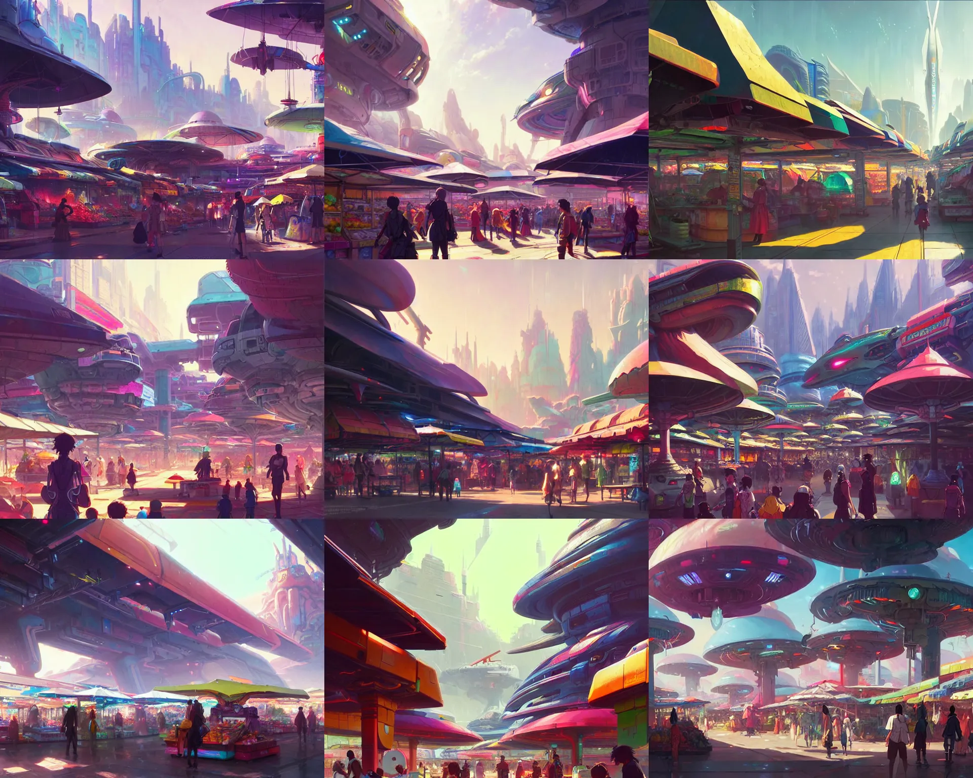 Prompt: colorful, bustling outdoor marketplace in an alien spaceport, anime, a sci-fi digital painting by Greg Rutkowski and James Gurney, trending on Artstation, highly detailed