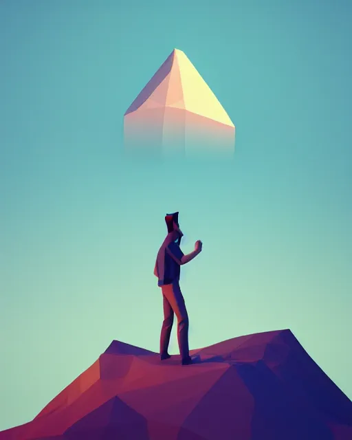 Image similar to a man standing in the middle of a mountain, a low poly render by filip hodas, behance contest winner, environmental art, rendered in cinema 4 d, volumetric lighting, low poly