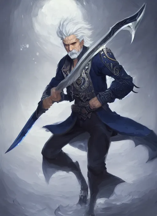 Image similar to a highly detailed illustration of short slick back white haired man wearing dark blue coat, dramatic wielding sword pose, intricate, elegant, highly detailed, centered, digital painting, artstation, concept art, smooth, sharp focus, league of legends concept art, wlop