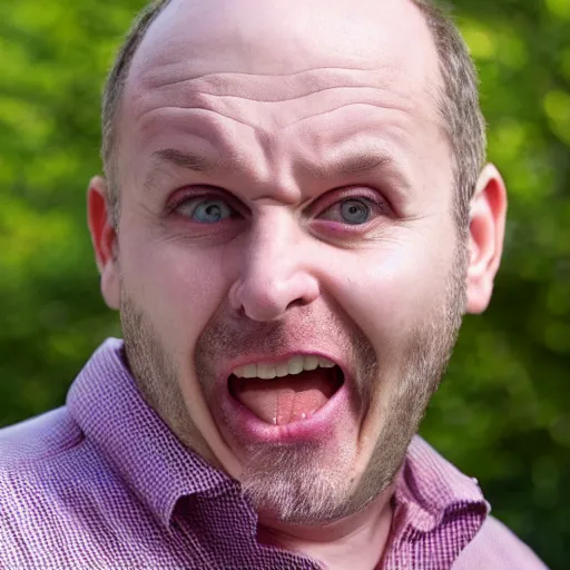 Image similar to an extremely angry, screaming, scary, balding middle aged white man looking at the camera