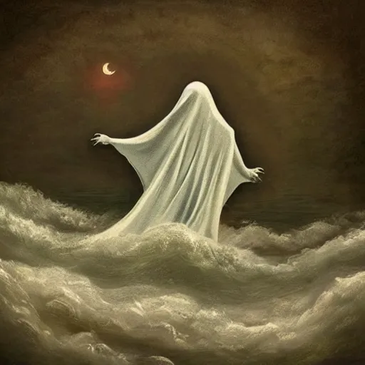 Prompt: ominous bedsheet ghost floating above the ocean, oil painting, brush strokes, gloomy foggy atmosphere, symmetrical, full body image, highly ornate intricate details,