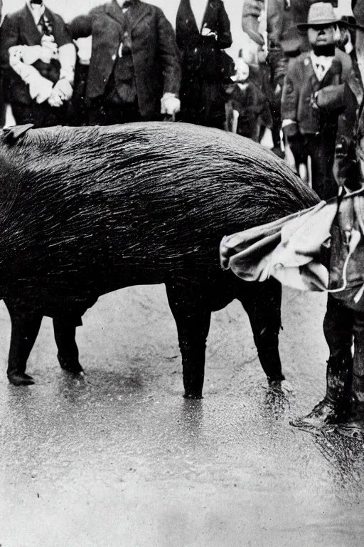 Prompt: a wet plate photo of huge dark pig in a parade