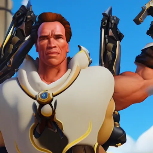 Image similar to a screenshot of arnold schwarzenegger as mercy in overwatch