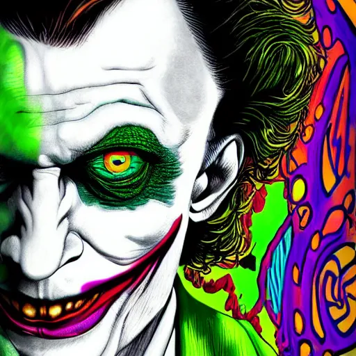 Prompt: an extremely psychedelic portrait of the riddler as the joker, surreal, lsd, face, detailed, intricate, elegant, lithe, highly detailed, digital oth, sharp focus, illustration,