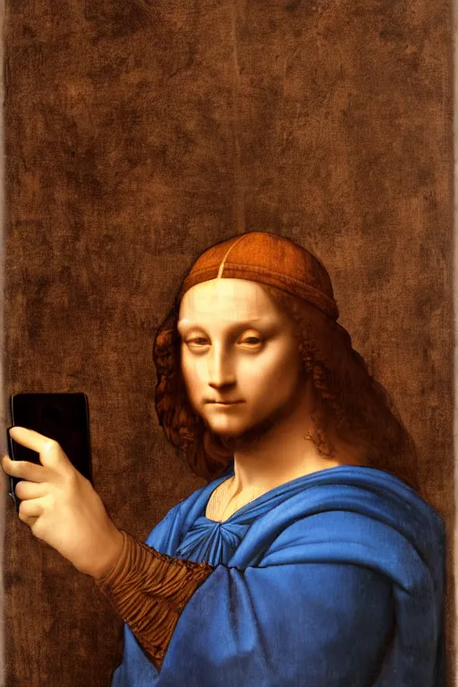 Image similar to leonardo da vinci taking a selfie, oil painting, digital art, photorealism