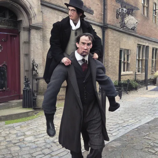 Image similar to Sherlock Holmes carrying Dr Watson on his back, in the style of Sidney Paget