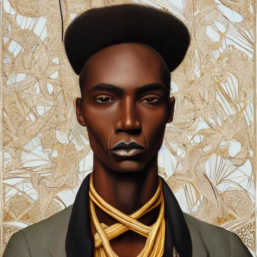 Prompt: a professionally painted african male model , clothed in ancient gothic street wear, dark skin, reddish gold hair, beautiful bone structure, symmetrical features, stunningly, beautiful, intricate, elegant, digital painting, smooth, sharp focus, illustration, made by Kehinde Wiley, Kara Walker, Jacob Lawrence, Sam Gilliam, Edmonia Lewis,