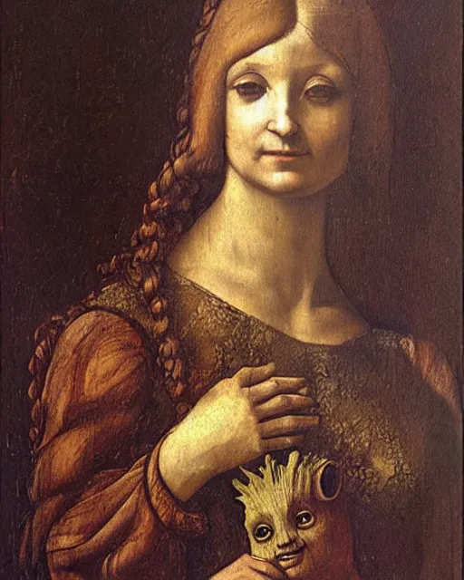 Prompt: a oil painting of lady with an groot, by leonardo da vinci.