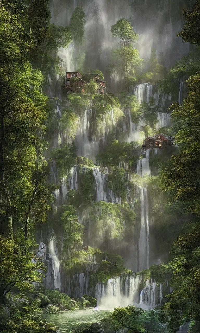 Image similar to beautiful large scandinavian house in the forest on a hill, a large waterfall flows down from the mountain in the background, vector art, fabulous, hyper detailed, random cinematic view, no noise, global illumination, warm lighting, volumetric, godrays, vivid, by jordan grimmer