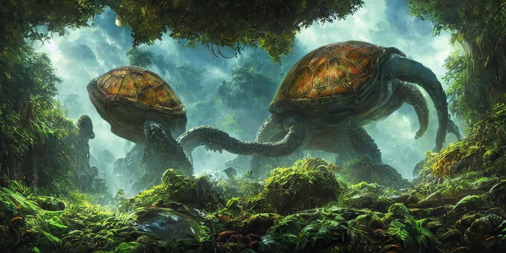 Image similar to fantasy oil painting, alien spacecraft, outer worlds, great leviathan, turtle cephalopod terrapin reptilian pachyderm amphibian hybrid, rainforest mountains, lush plants flowers, epic natural light, bright clouds, luminous sky, bright cinematic key lighting, michael cheval, michael whelan, vray, 8 k hd