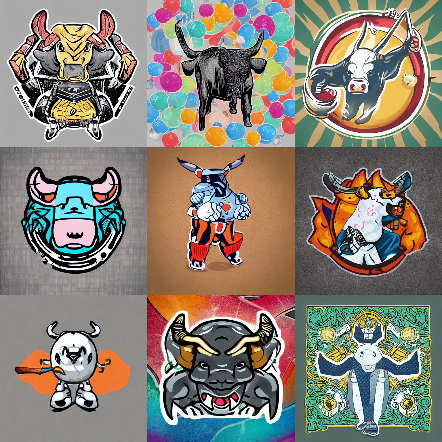 Image similar to “ aggressive bull with a cricket ball, full body mascot, sticker, highly detailed, colorful, illustration, smooth and clean vector curves, no jagged lines, low noise, vector art, logo ”