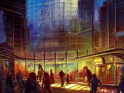 Prompt: a biopunk streetcorner environment, large crowd, glass domes, glass panes, glowing lights, dramatic lighting, photorealism, unreal engine, art by michael whelan and chris moore and howard david johnson and tim white and dan giancola
