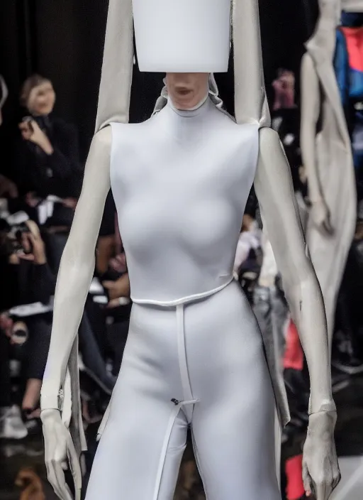 Image similar to hyperrealistic and heavy detailed balenciaga runway show of slender man, leica sl 2 5 0 mm, vivid color, high quality, high textured, real life