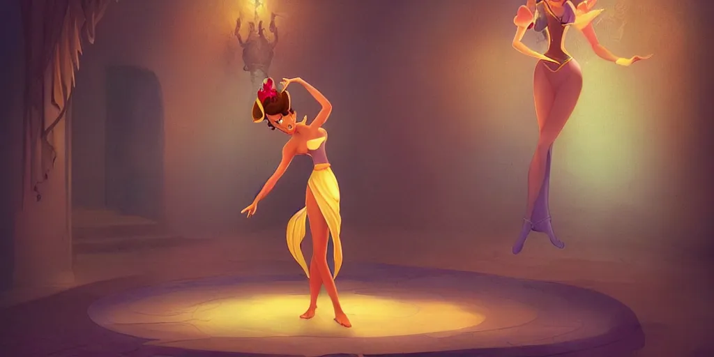 Image similar to beautiful genie girl, dancing in the palace room, beautiful elegant body, accurate body proportions, mysterious ambient lighting, digital art, fantasy vibes, style of disney