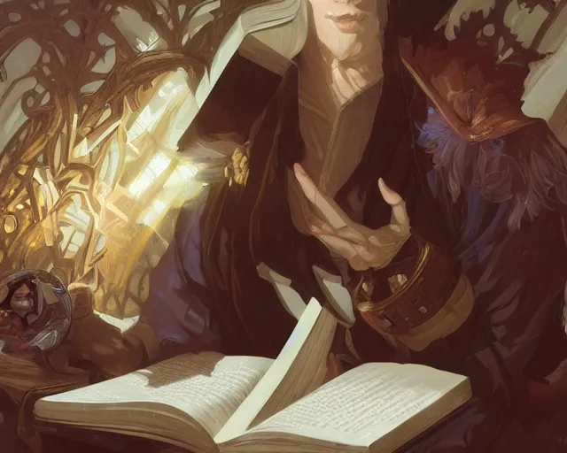 Image similar to faker reading a book, deep focus, d & d, fantasy, intricate, elegant, highly detailed, digital painting, artstation, concept art, matte, sharp focus, illustration, hearthstone, art by artgerm and greg rutkowski and alphonse mucha