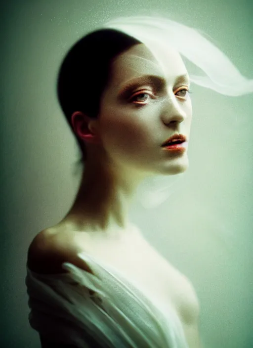 Image similar to kodak portra 4 0 0 double exposure slow motion photo portrait of a beautiful woman in style of antoine d'agata, dressed a long white, elegant, highly detailed, sharp focus,, octane render, ethereal, out worldly colours, emotionally evoking, head in focus, soft blur light dreamy, volumetric lighting unreal engine, epic fantasy