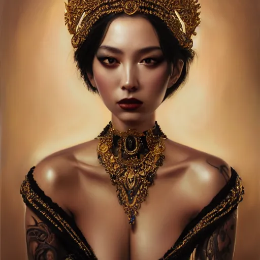 Prompt: expressive oil painting, of alluring european princess, seductive look, smooth glowing skin, glistening body, love, adoration, intense, ornate headpiece of black beads, necklace, choker, glamour shot, tattoos, by yoshitaka amano, by greg rutkowski, by jeremyg lipkinng, by artgerm, digital art, octane render