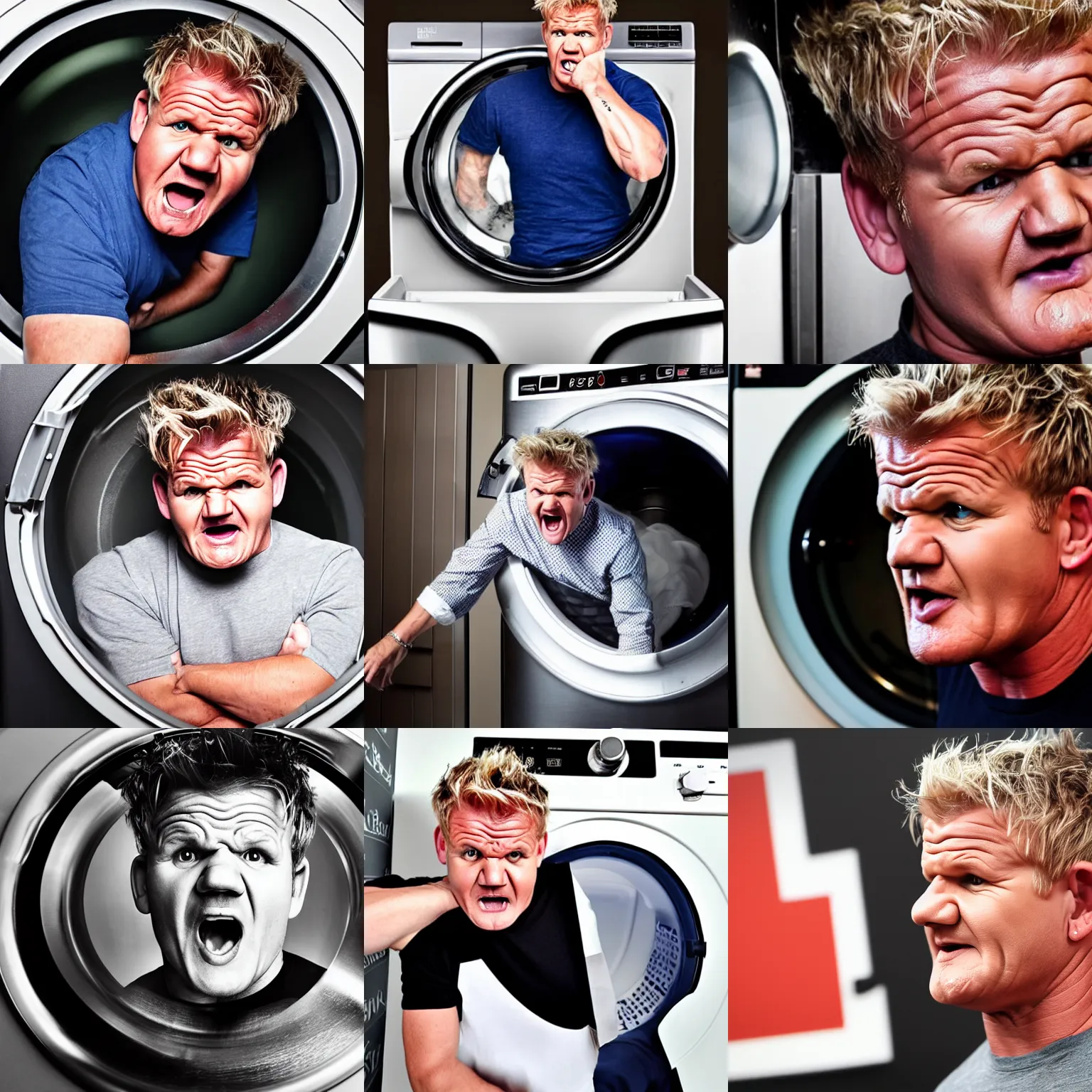 Prompt: photo of angry furious Gordon Ramsay poking his head out of a washing machine and shouting at the camera