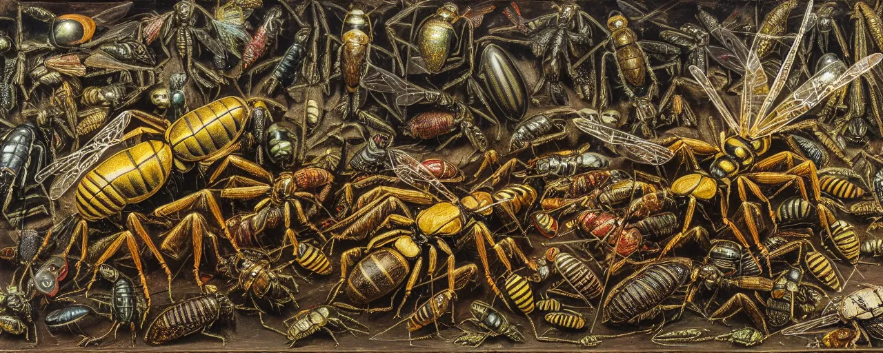 Image similar to strange giant insects, beetles, spiders, wasps, bees, maggots, locusts and flies, in a museum display case, oil painting by max ernst and anselm kiefer, decay, mixed media, textured, sharp focus, highly detailed, photographic emulsion cracked and peeling, rust, cinematic lighting, 8 k, hd