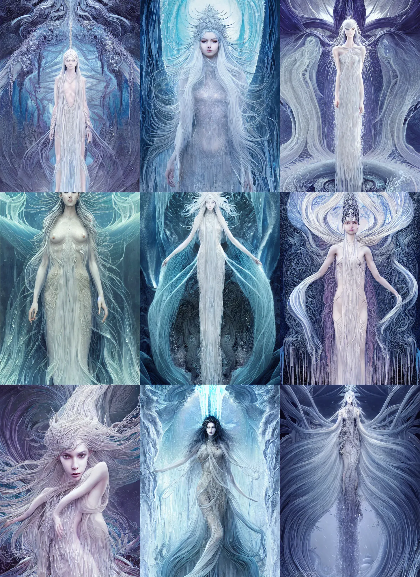 Image similar to goddess made of ice long hair like a waterfall, full body, horizontal symmetry!, elegant, intricate, highly detailed, fractal background, digital painting, artstation, concept art, wallpaper, smooth, sharp focus, illustration, epic light, art by kay nielsen and zeen chin and wadim kashin and sangyeob park, terada katsuya