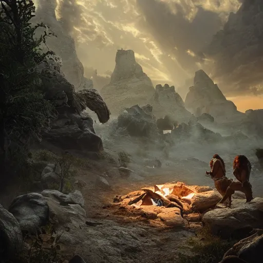 Image similar to cavemen surviving in the wild, volumetric lighting, 8 k octane beautifully detailed render, post - processing, extremely hyper - detailed, intricate, epic composition, cinematic lighting, masterpiece, trending on artstation, detailed detailed detailed, masterpiece, beautiful cinematic light,