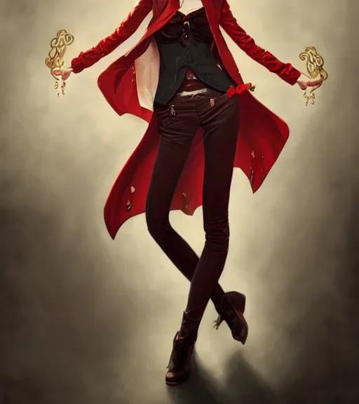 Image similar to female vampire, gold waistcoat, red shirt, grey hair, red necktie, cinematic, stunning, highly detailed, digital painting, artstation, smooth, hard focus, full body shot, illustration, art by artgerm and greg rutkowski and alphonse mucha