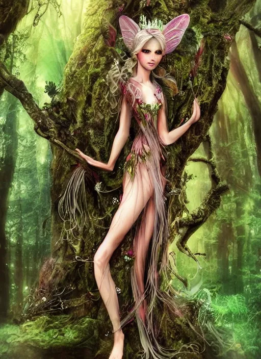 Prompt: beautiful beautiful full body portrait fairy faerie fey fae queen standing in forest highly detailed subtle enchanting alluring magic