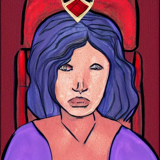 Image similar to A skinny woman with purple hair wearing a crown, sitting in a red throne in a dark room. Digital painting.