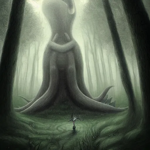 Prompt: a goodra pokemon as a cryptid in a dark ominous forest, foggy, dim lighting, artwork by andrew ferez