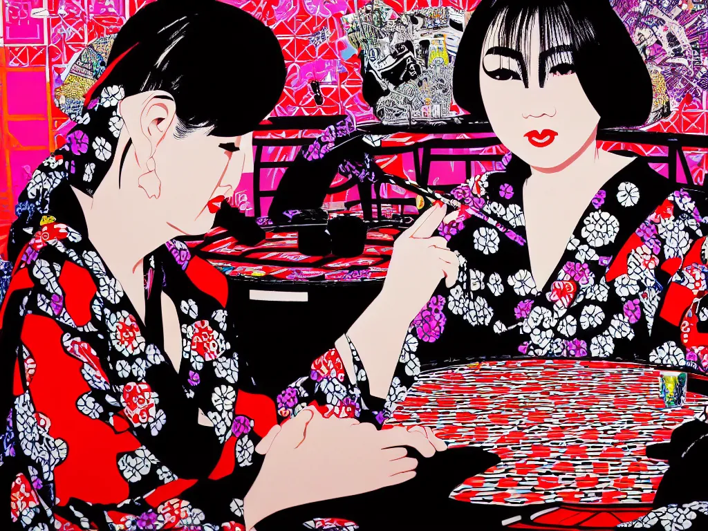 Prompt: hyperrealism composition of the detailed woman in a japanese kimono sitting at an extremely detailed poker table with darth vader, fireworks on the background, pop - art style, jacky tsai style, andy warhol style, acrylic on canvas