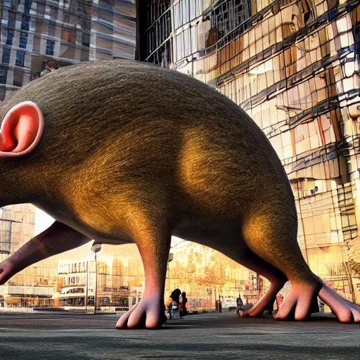 Image similar to giant mouse in the city, photorealistic, highly detailed, sharp focus, vivid, symmetrical, random, convoluted, mind - blowing, creative, fully functional, physics defying, amazing, cool, hdr