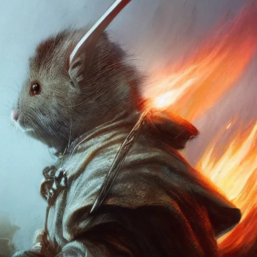 Image similar to lord of the rings warrior hamster concept art, 4 k, 8 k, trending on artstation, cgsociety, in the style of greg rutkowski, wlop,