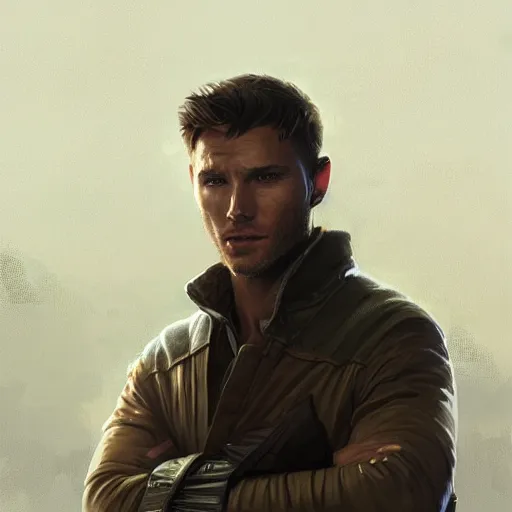 Prompt: portrait of a man by greg rutkowski, jedi knight, he looks like scott eastwood, wearing a flying jacket, star wars expanded universe, he is about 3 0 years old, highly detailed portrait, digital painting, artstation, concept art, smooth, sharp foccus ilustration, artstation hq