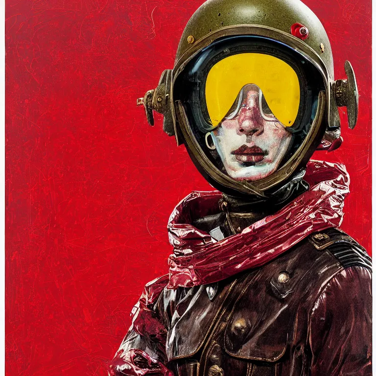 Image similar to portrait of a third reich soldier in ornate motorcycle dirt helmet in a helmet background red plastic bag, circuitboard,, rich deep colors, ultra detail, by francis bacon, james ginn, petra courtright, jenny saville, gerhard richter, zdzisaw beksinsk, takato yamamoto. masterpiece, elegant fashion studio ighting 3 5 mm